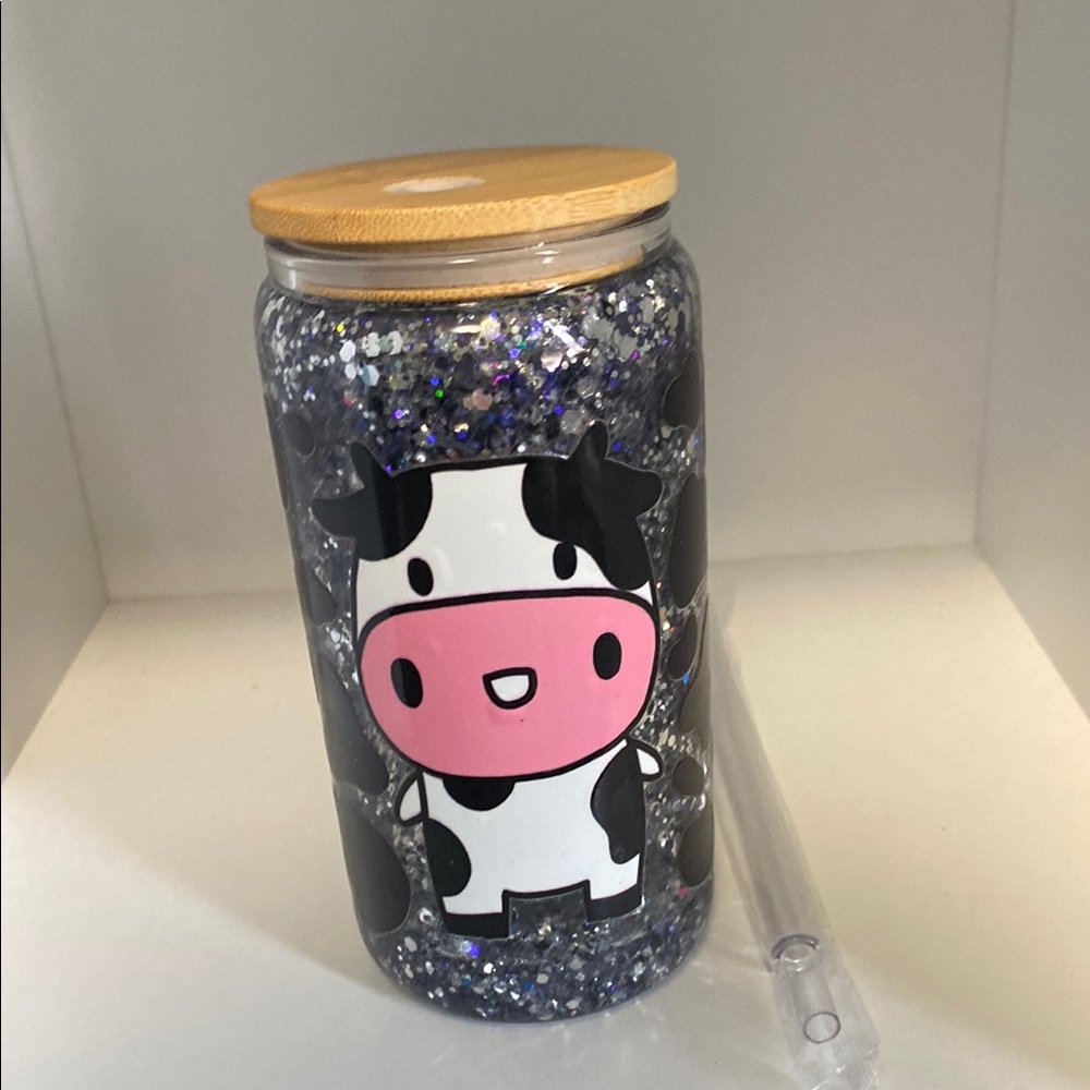 Snow globe Cute Cow Glitter Tumbler with Straw
